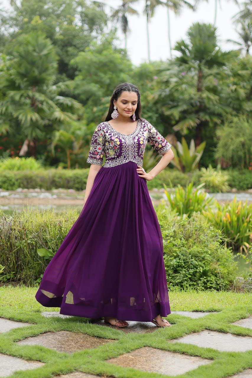 PURPLE COLOR FAUX BLOOMING EMBROIDERED GOWN