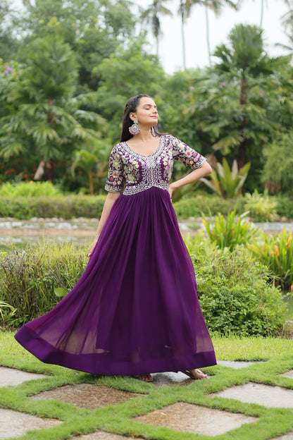 PURPLE COLOR FAUX BLOOMING EMBROIDERED GOWN