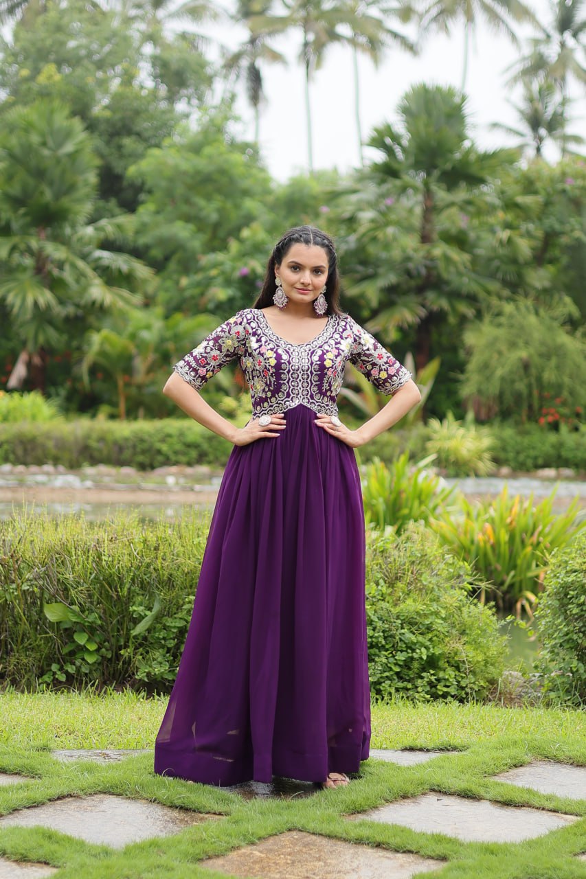 PURPLE COLOR FAUX BLOOMING EMBROIDERED GOWN