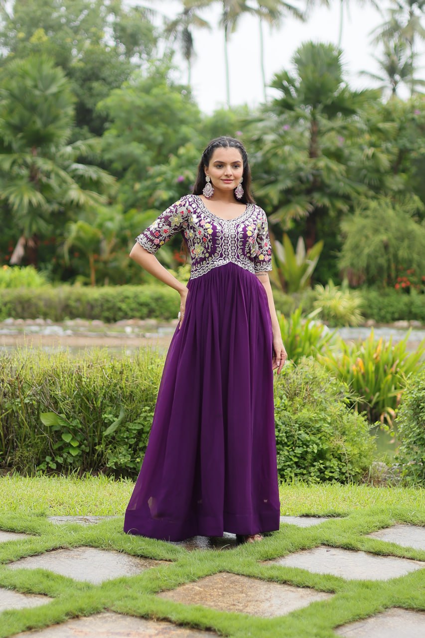 PURPLE COLOR FAUX BLOOMING EMBROIDERED GOWN