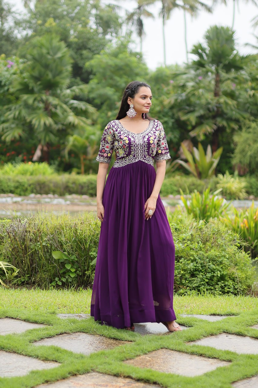 PURPLE COLOR FAUX BLOOMING EMBROIDERED GOWN