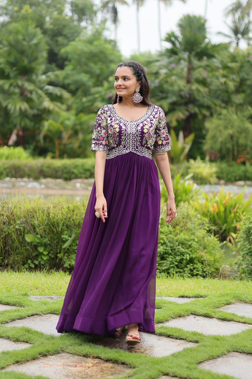 PURPLE COLOR FAUX BLOOMING EMBROIDERED GOWN