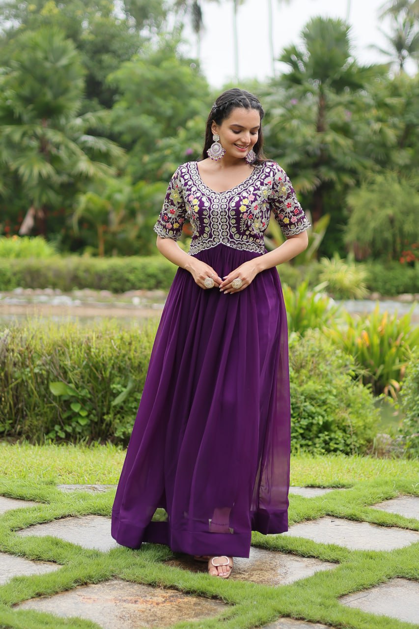 PURPLE COLOR FAUX BLOOMING EMBROIDERED GOWN