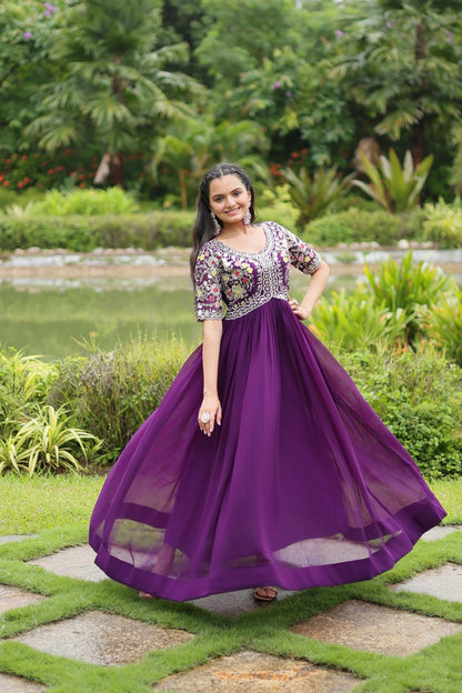 PURPLE COLOR FAUX BLOOMING EMBROIDERED GOWN