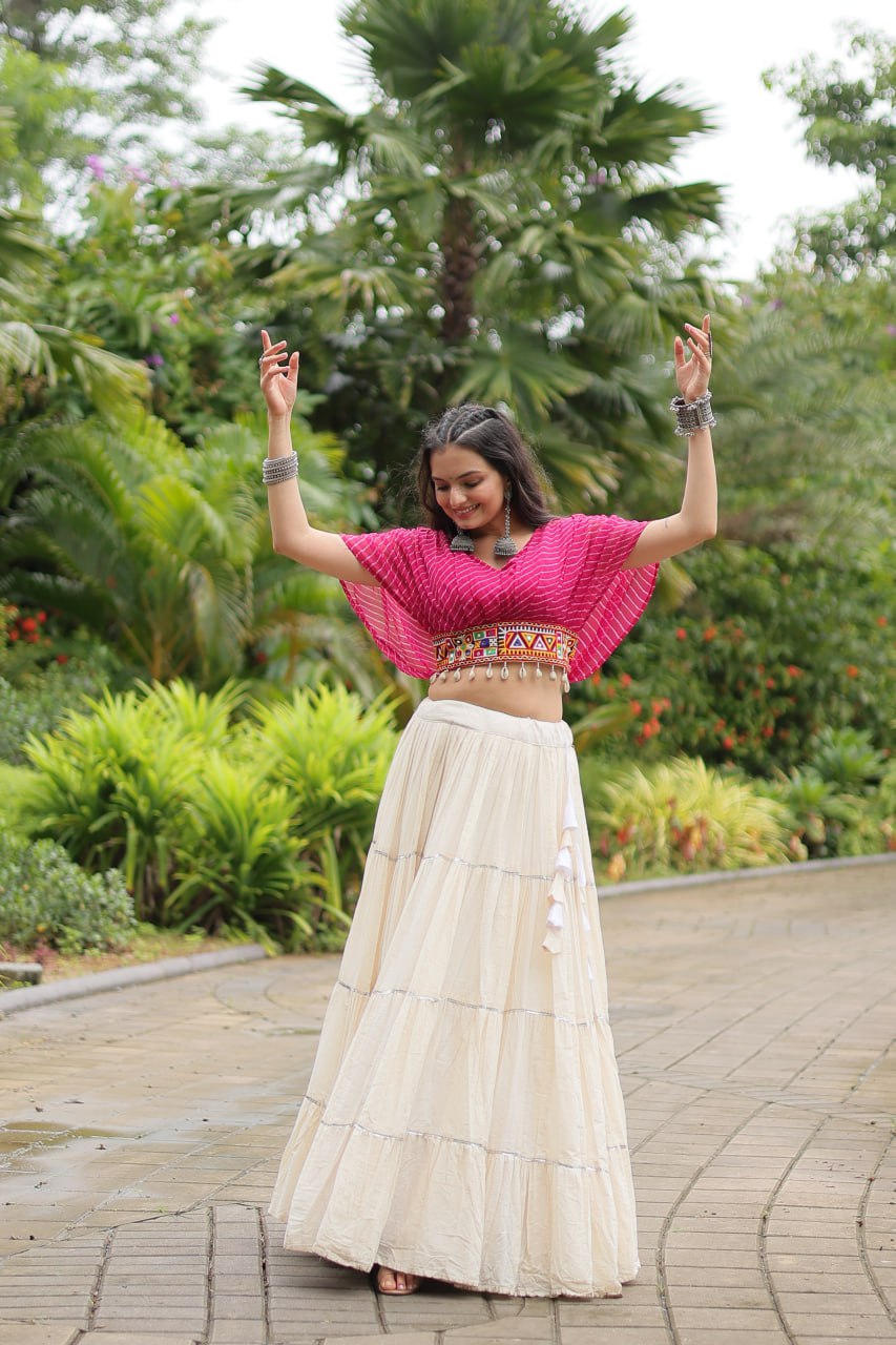 Pink Cotton Leheriya Print Navratri Wear Readymade Lehenga Choli