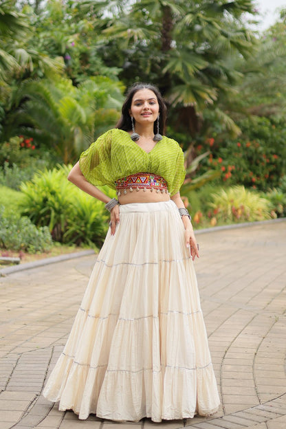 Green Cotton Leheriya Print Navratri Wear Readymade Lehenga Choli