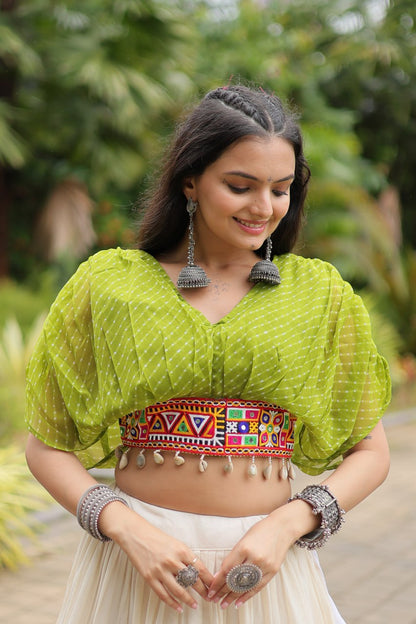 Green Cotton Leheriya Print Navratri Wear Readymade Lehenga Choli