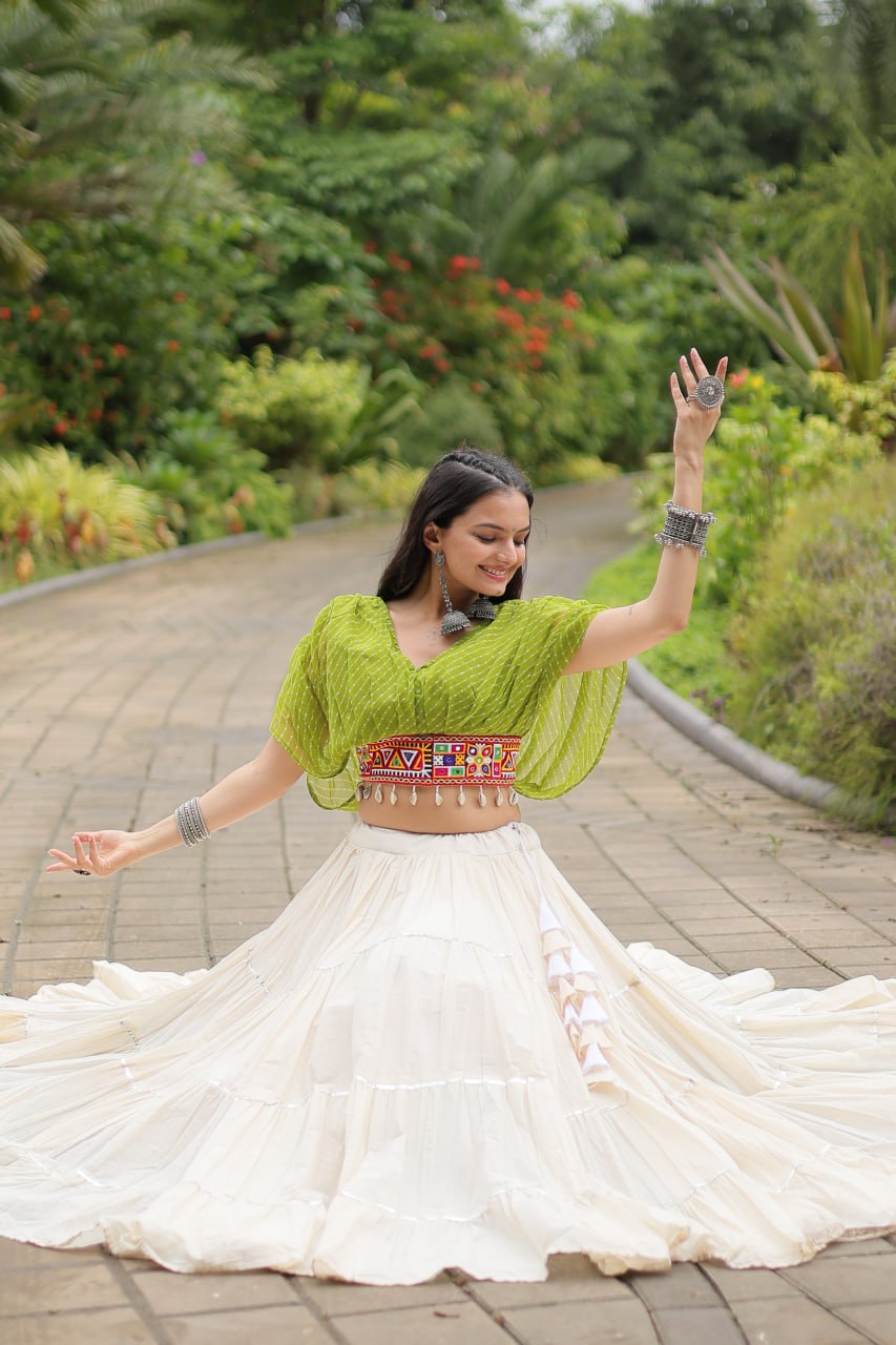 Green Cotton Leheriya Print Navratri Wear Readymade Lehenga Choli