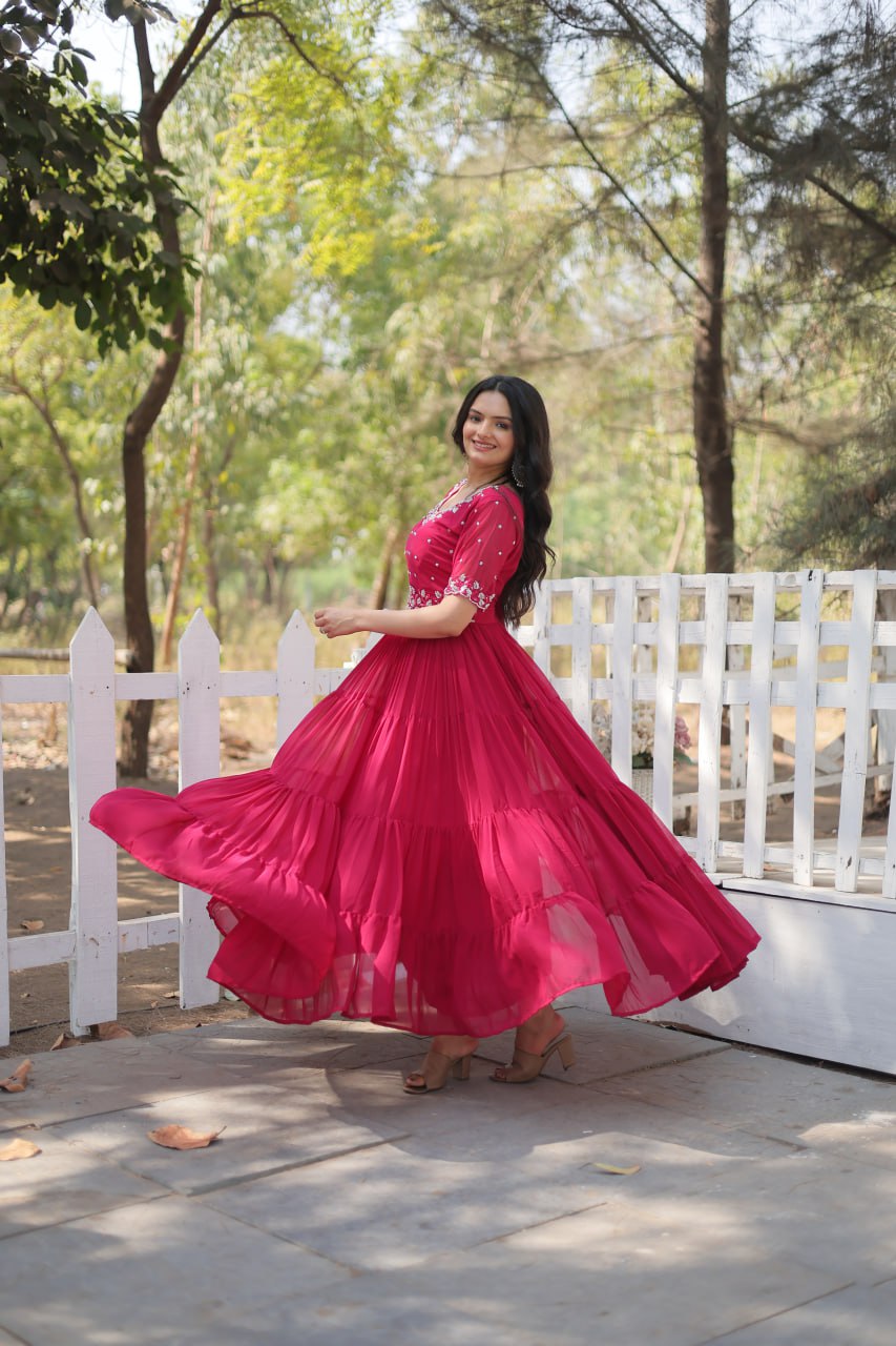 RANI PINK COLOR FAUX BLOOMING EMBROIDERED ANARKALI GOWN