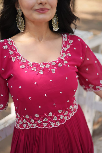 RANI PINK COLOR FAUX BLOOMING EMBROIDERED ANARKALI GOWN