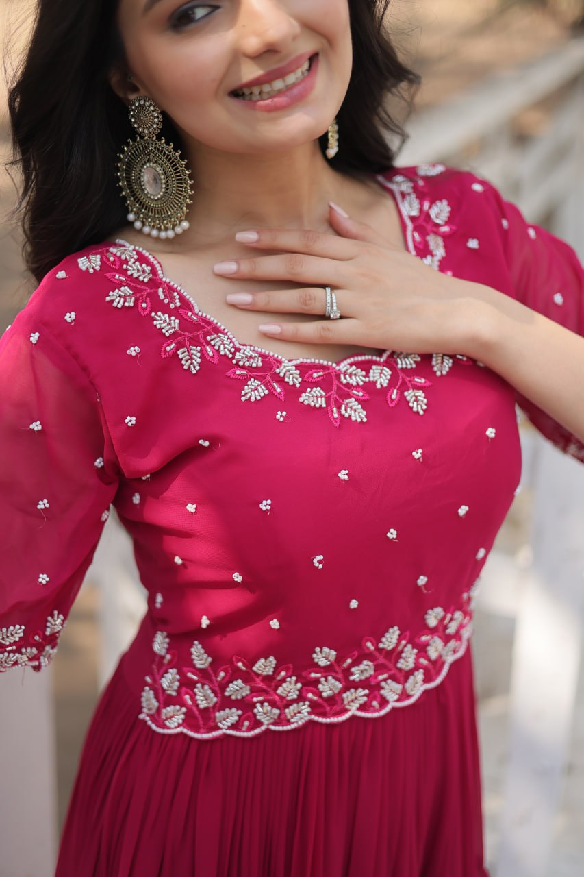 RANI PINK COLOR FAUX BLOOMING EMBROIDERED ANARKALI GOWN