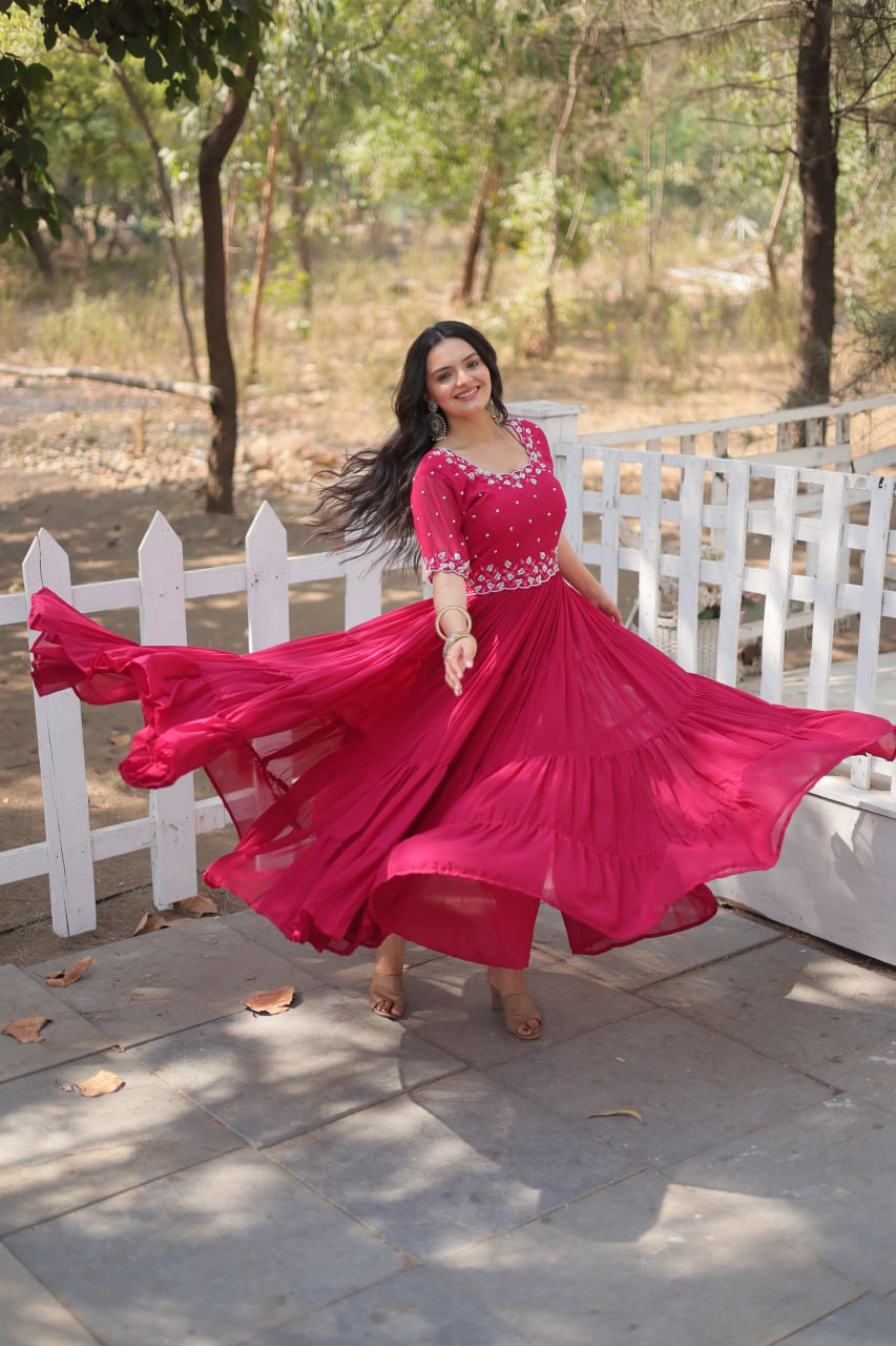 RANI PINK COLOR FAUX BLOOMING EMBROIDERED ANARKALI GOWN