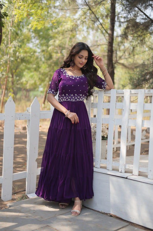 PURPLE COLOR FAUX BLOOMING EMBROIDERED ANARKALI GOWN