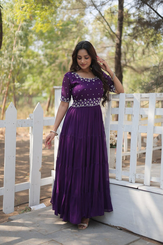 PURPLE COLOR FAUX BLOOMING EMBROIDERED ANARKALI GOWN