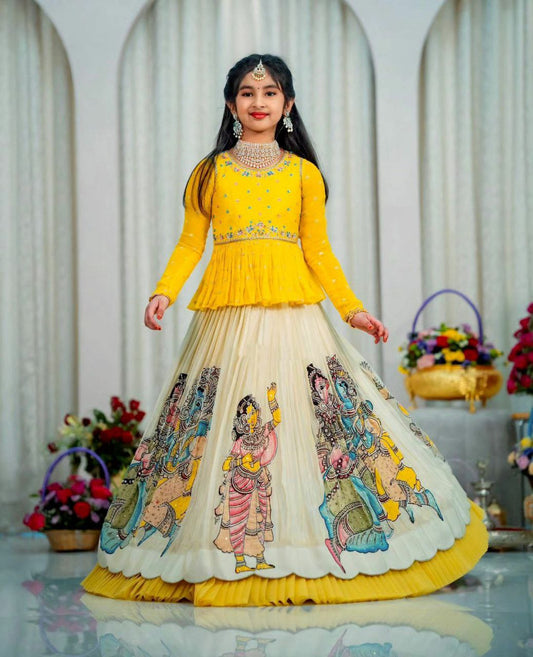 Yellow faux georgette sequins embroidery Kid's Lehenga choli