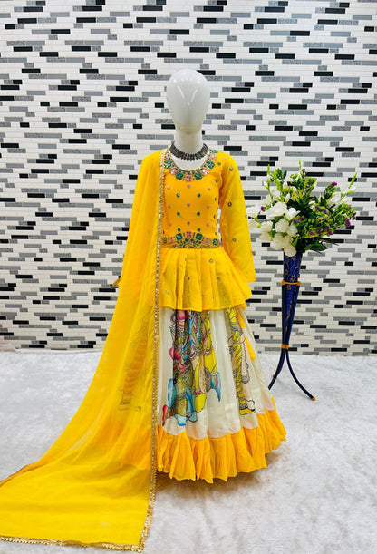 Yellow faux georgette sequins embroidery Kid's Lehenga choli