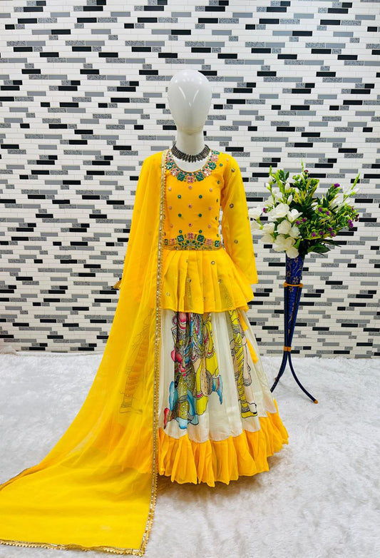 Yellow faux georgette sequins embroidery Kid's Lehenga choli