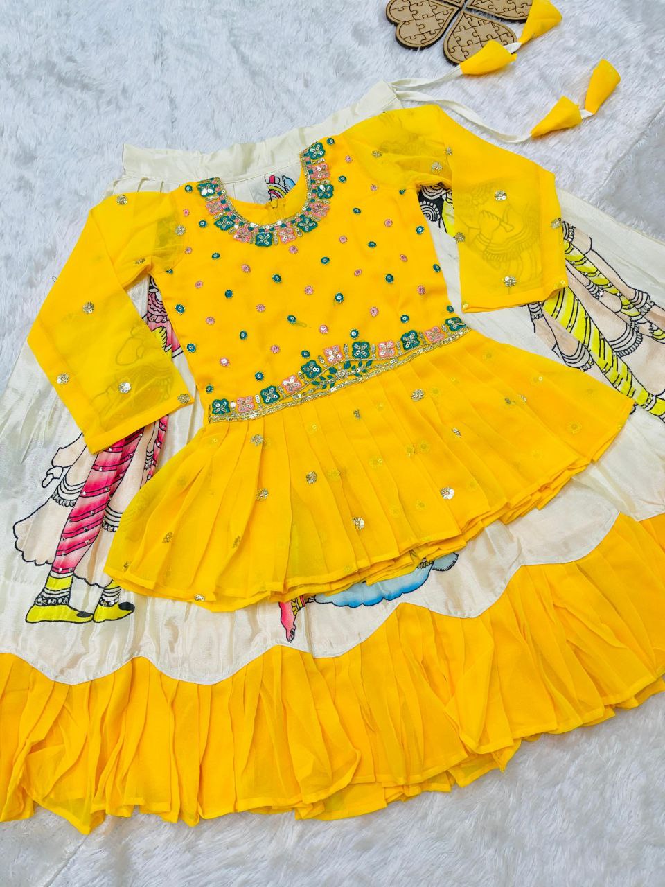 Yellow faux georgette sequins embroidery Kid's Lehenga choli