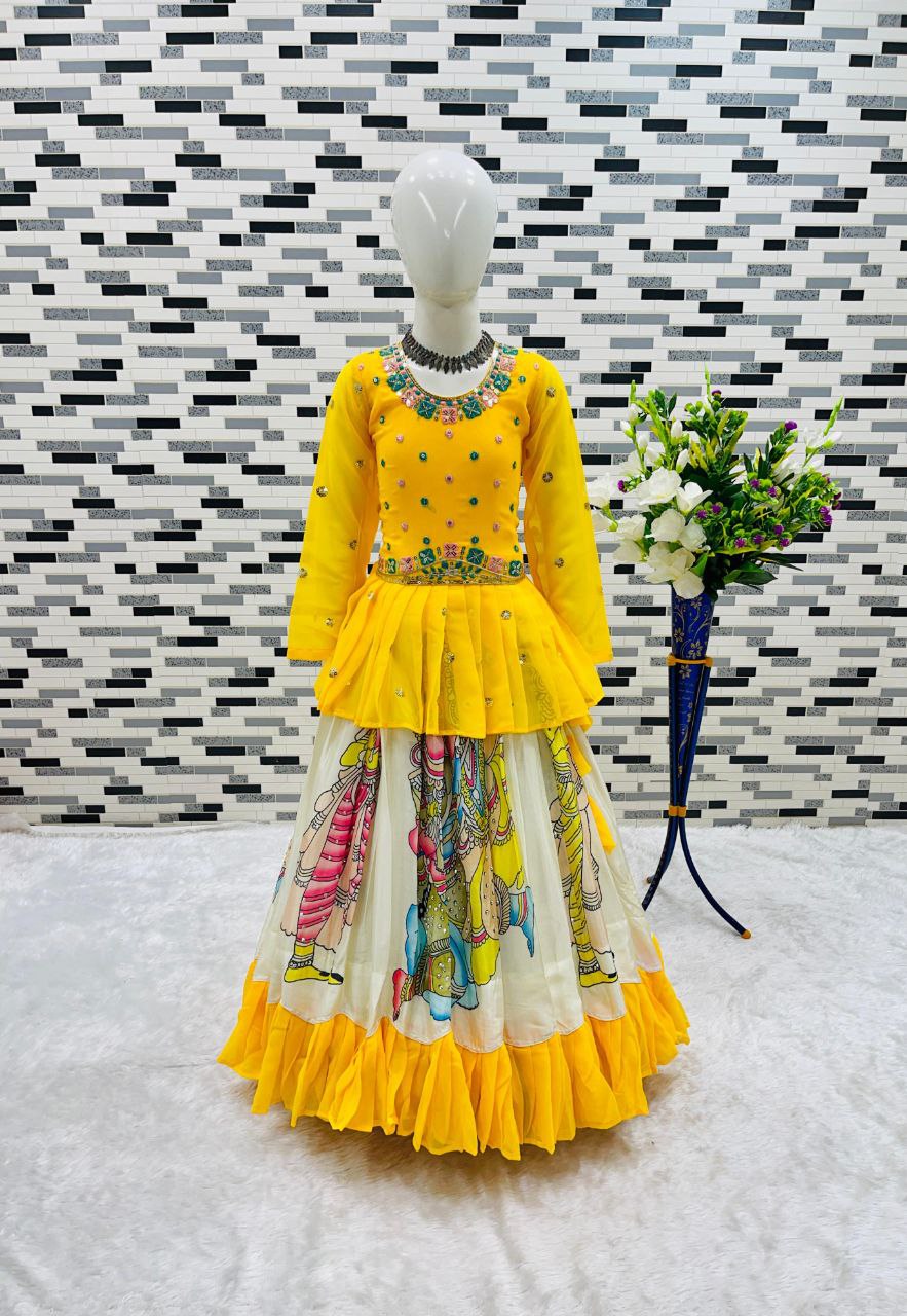 Yellow faux georgette sequins embroidery Kid's Lehenga choli