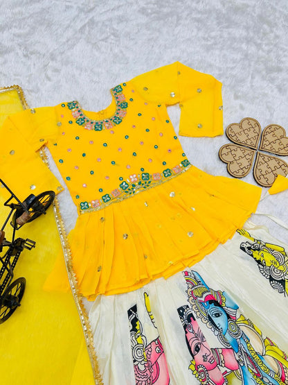 Yellow faux georgette sequins embroidery Kid's Lehenga choli