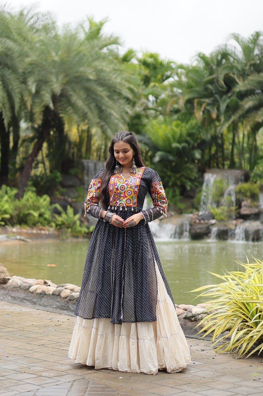 Black Navaratri Lehenga in Cotton With 12 Meter Flair and Gamthi Work Kurti