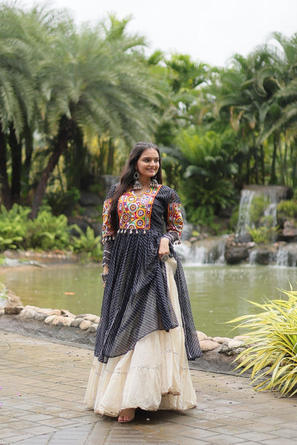 Black Navaratri Lehenga in Cotton With 12 Meter Flair and Gamthi Work Kurti