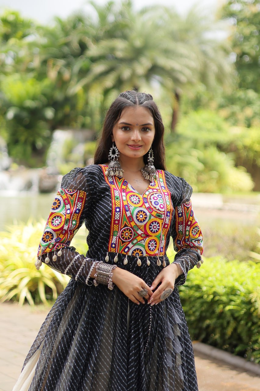 Black Navaratri Lehenga in Cotton With 12 Meter Flair and Gamthi Work Kurti