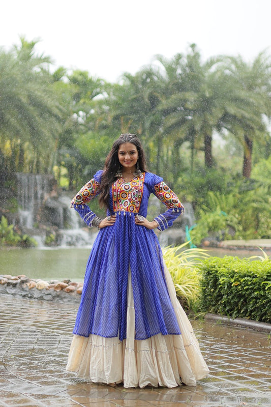 Blue Navaratri Lehenga in Cotton With 12 Meter Flair and Gamthi Work Kurti