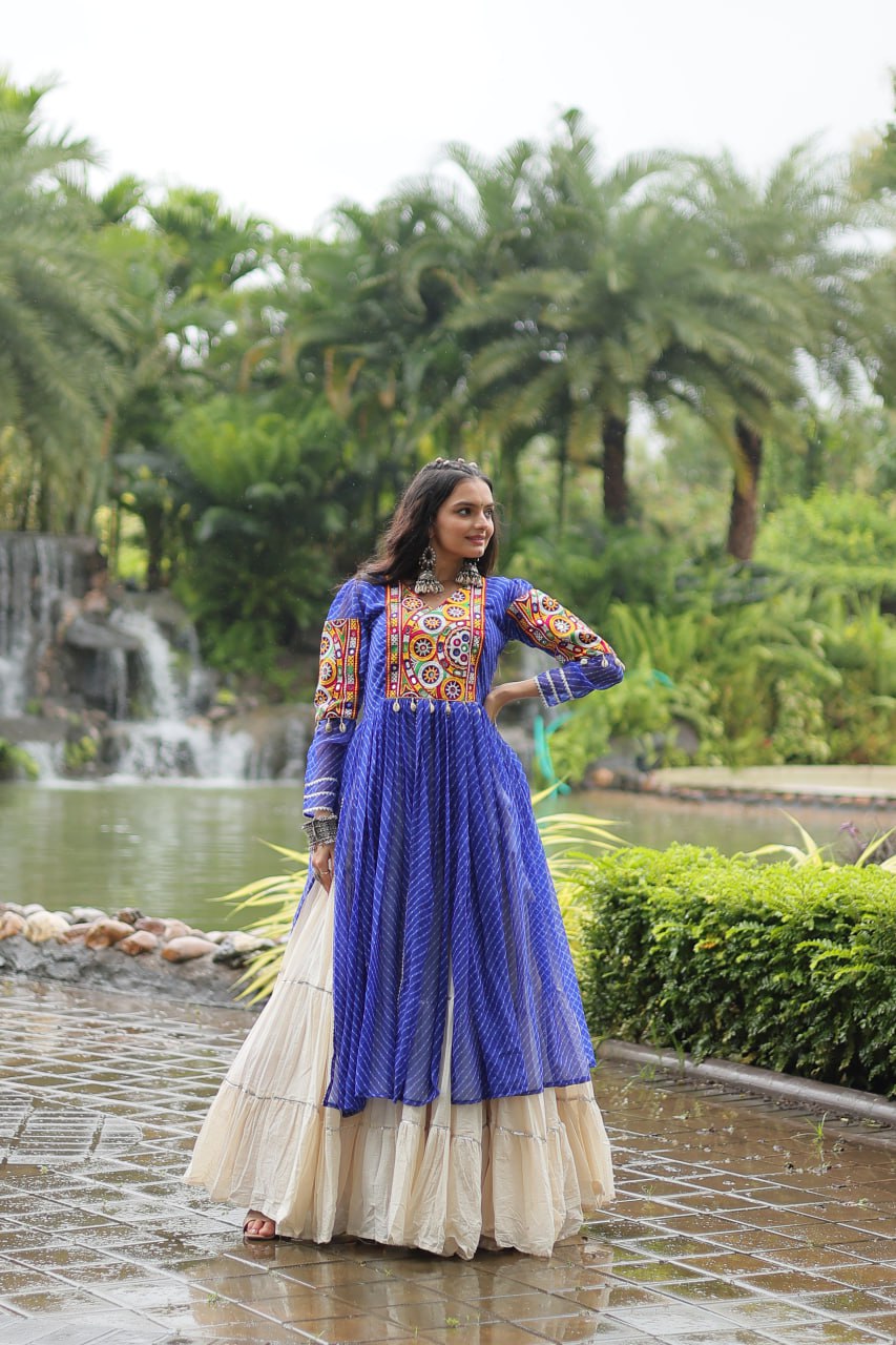 Blue Navaratri Lehenga in Cotton With 12 Meter Flair and Gamthi Work Kurti