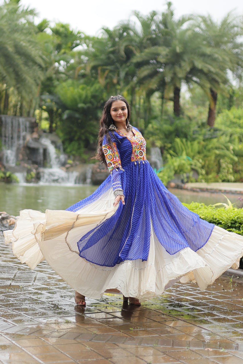 Blue Navaratri Lehenga in Cotton With 12 Meter Flair and Gamthi Work Kurti