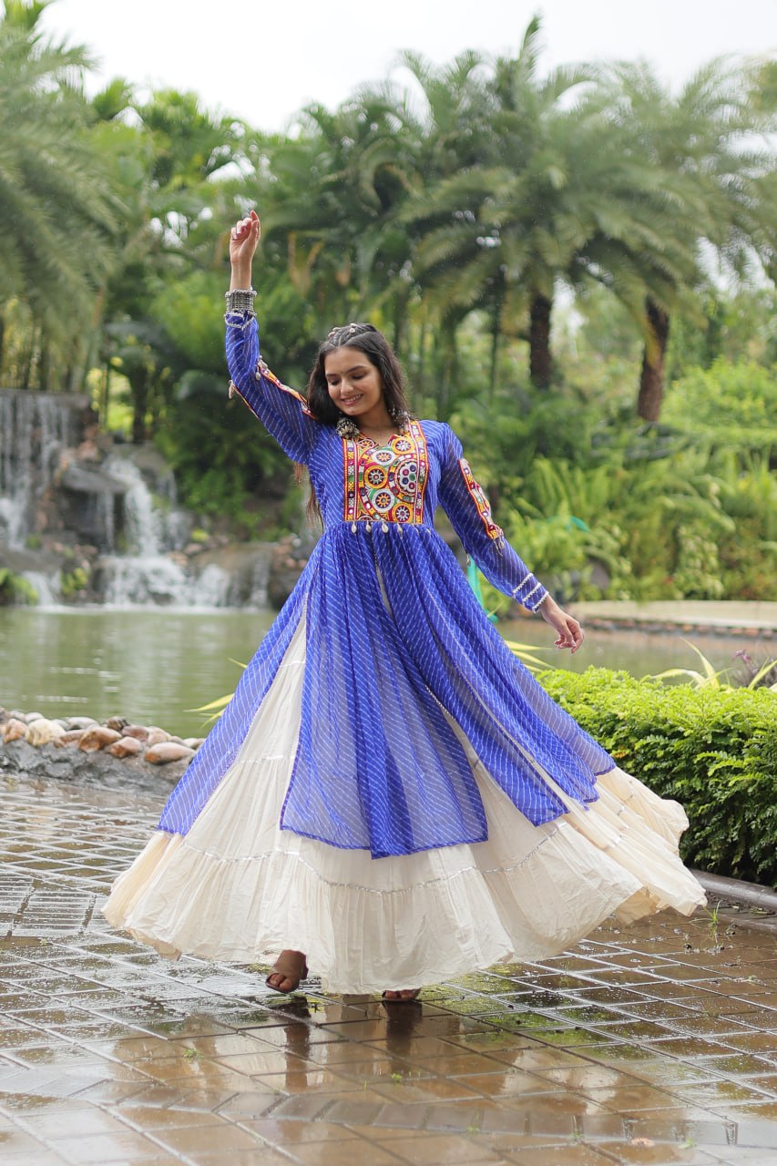 Blue Navaratri Lehenga in Cotton With 12 Meter Flair and Gamthi Work Kurti