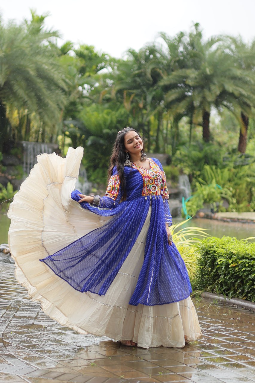 Blue Navaratri Lehenga in Cotton With 12 Meter Flair and Gamthi Work Kurti