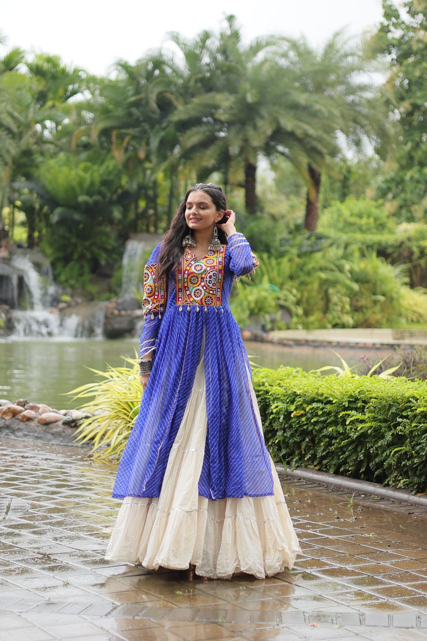 Blue Navaratri Lehenga in Cotton With 12 Meter Flair and Gamthi Work Kurti