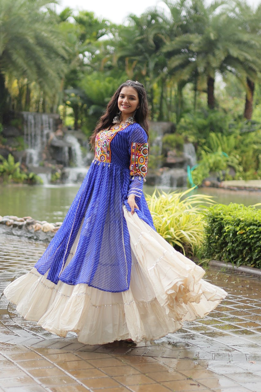 Blue Navaratri Lehenga in Cotton With 12 Meter Flair and Gamthi Work Kurti