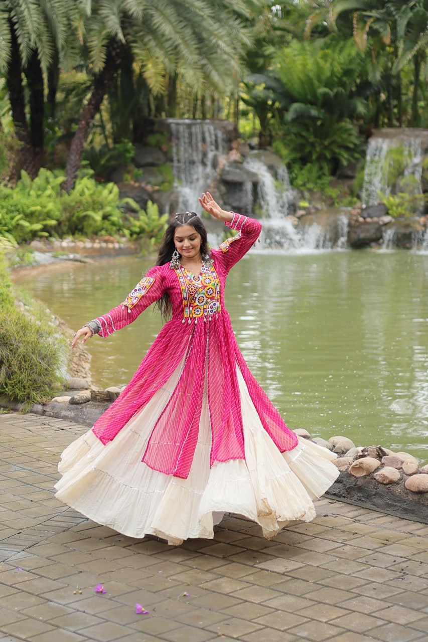 Pink Navaratri Lehenga in Cotton With 12 Meter Flair and Gamthi Work Kurti