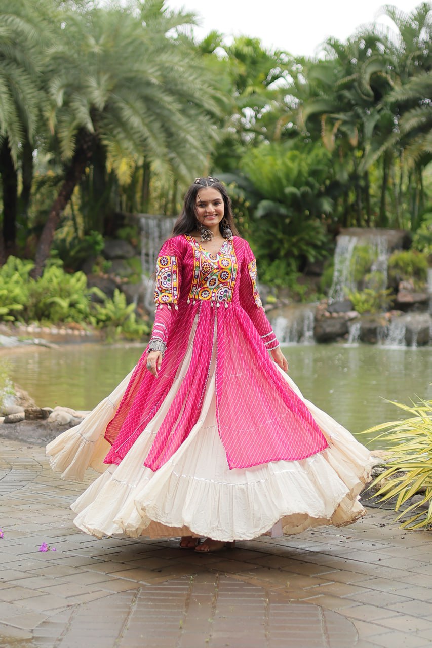 Pink Navaratri Lehenga in Cotton With 12 Meter Flair and Gamthi Work Kurti