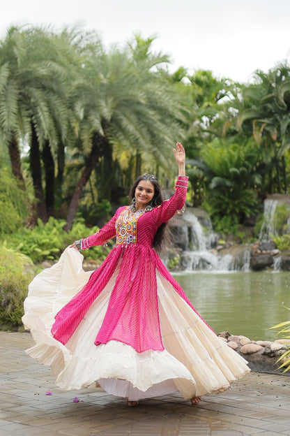 Pink Navaratri Lehenga in Cotton With 12 Meter Flair and Gamthi Work Kurti