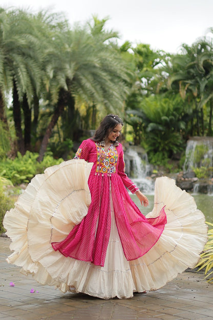 Pink Navaratri Lehenga in Cotton With 12 Meter Flair and Gamthi Work Kurti