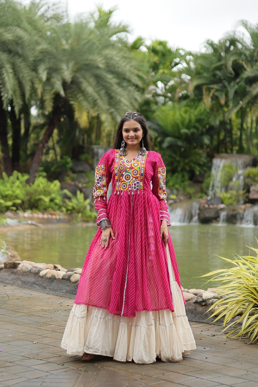 Pink Navaratri Lehenga in Cotton With 12 Meter Flair and Gamthi Work Kurti