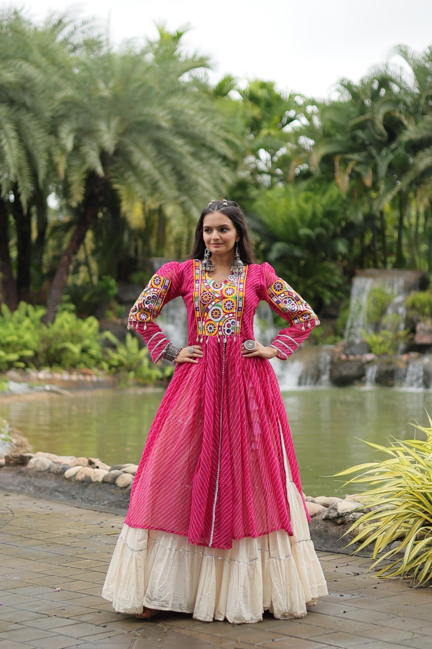 Pink Navaratri Lehenga in Cotton With 12 Meter Flair and Gamthi Work Kurti