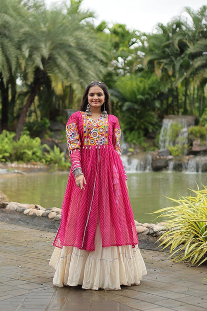 Pink Navaratri Lehenga in Cotton With 12 Meter Flair and Gamthi Work Kurti