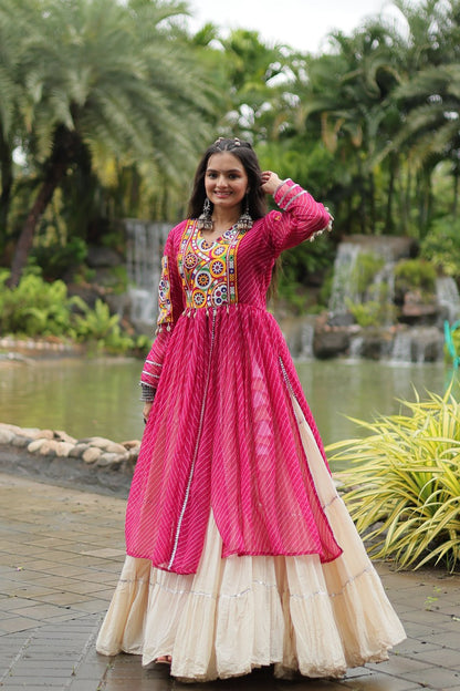 Pink Navaratri Lehenga in Cotton With 12 Meter Flair and Gamthi Work Kurti