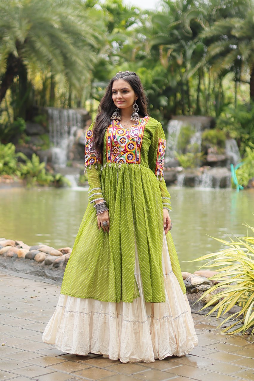 Parrot Navaratri Lehenga in Cotton With 12 Meter Flair and Gamthi Work Kurti