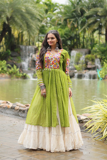 Parrot Navaratri Lehenga in Cotton With 12 Meter Flair and Gamthi Work Kurti