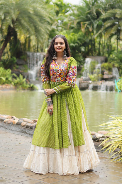 Parrot Navaratri Lehenga in Cotton With 12 Meter Flair and Gamthi Work Kurti