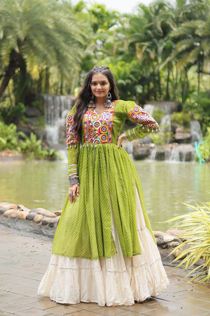 Parrot Navaratri Lehenga in Cotton With 12 Meter Flair and Gamthi Work Kurti