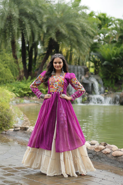 Purple Navaratri Lehenga in Cotton With 12 Meter Flair and Gamthi Work Kurti