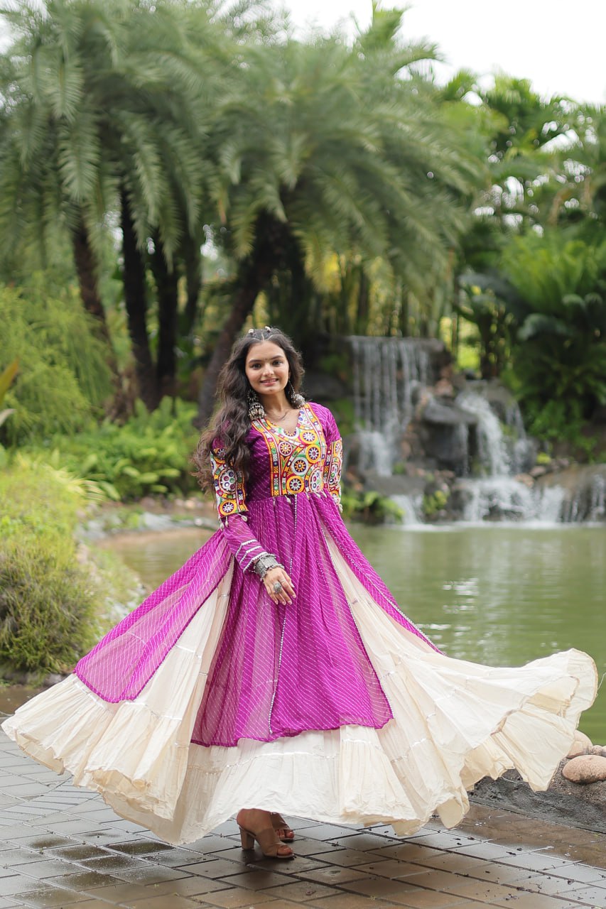 Purple Navaratri Lehenga in Cotton With 12 Meter Flair and Gamthi Work Kurti