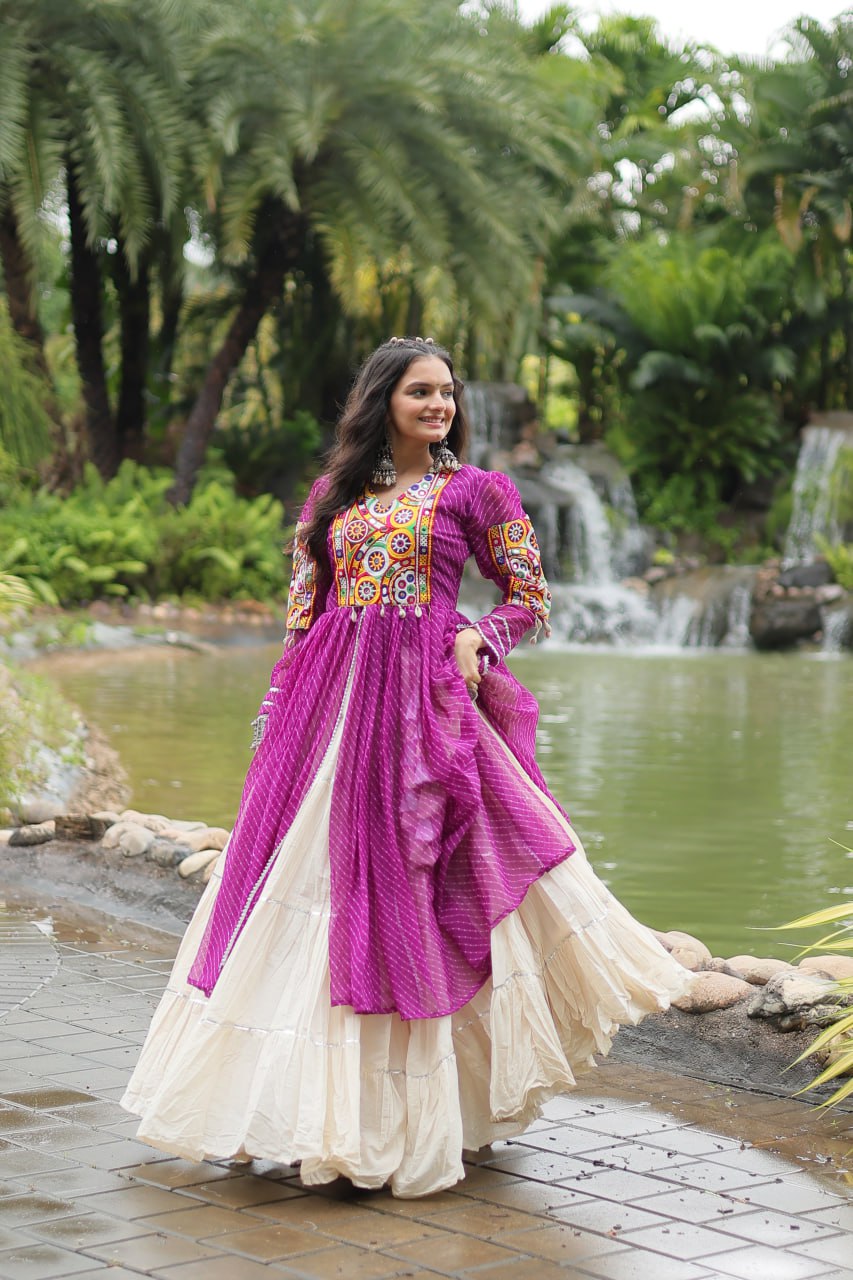 Purple Navaratri Lehenga in Cotton With 12 Meter Flair and Gamthi Work Kurti