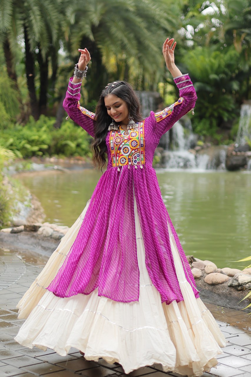 Purple Navaratri Lehenga in Cotton With 12 Meter Flair and Gamthi Work Kurti